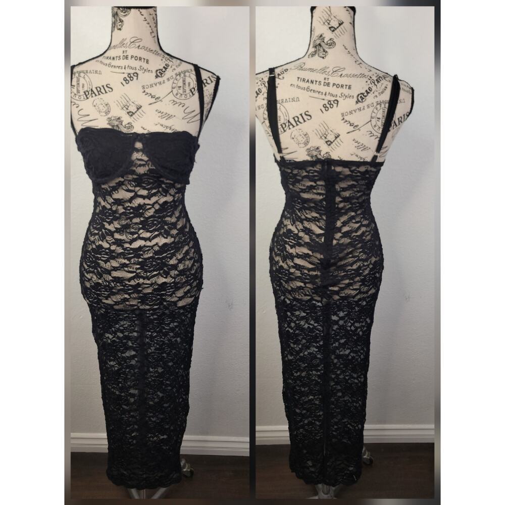 Miss Lola Sheer Lace Slip Maxi Dress Womens SZ Small Bustier Floral Black Mesh